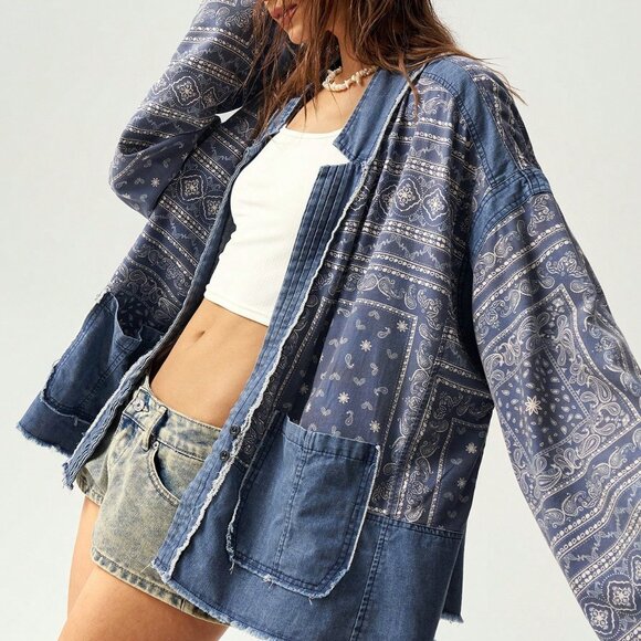 Blue Casual Women's Vacation Loose Drop Shoulder Jacket - Picture 4 of 8